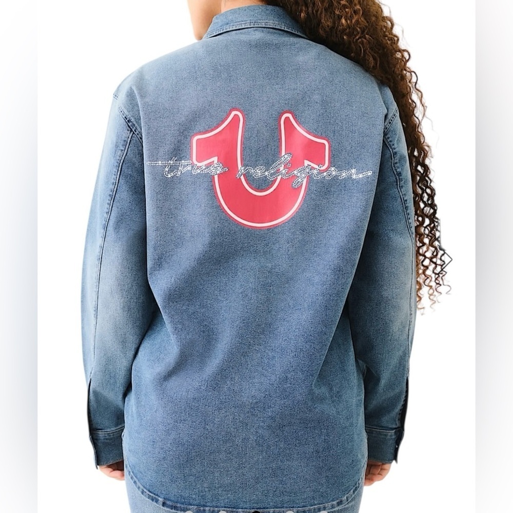 True Religion Oversized Denim Button up Shirt Crystal logo Women’s M NWT Western
